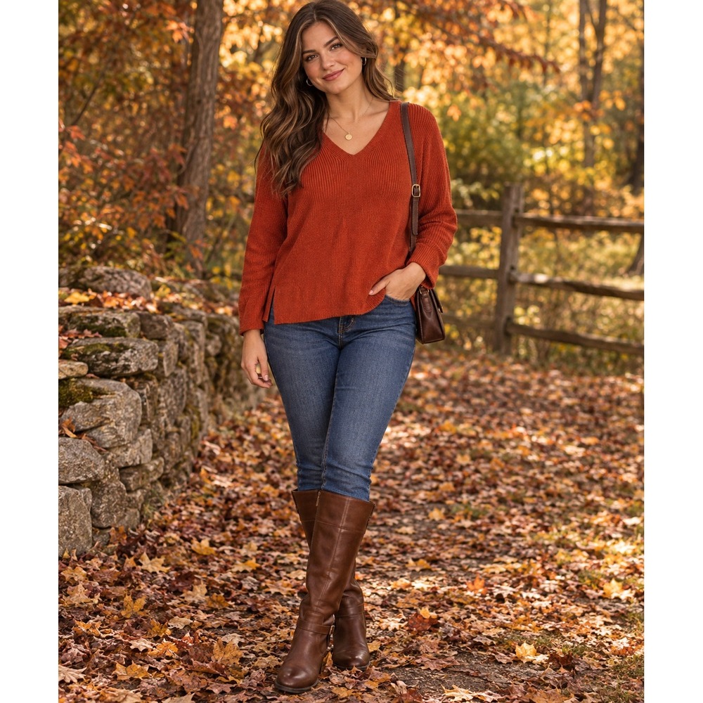 J. Jill Burnt Orange Ribbed V-Neck Cotton Blend Sweater Large